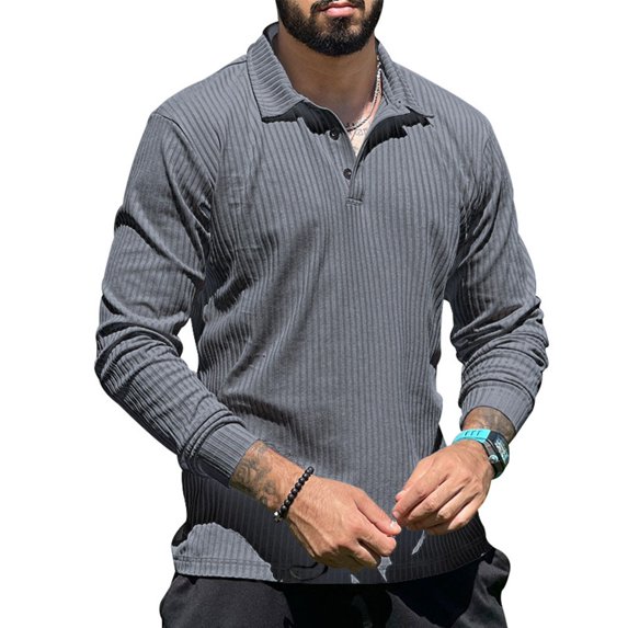 CENL Mens Casual Slim Fit Ribbed Long Sleeve Stand Collar Button Shirts T-shirt Tops