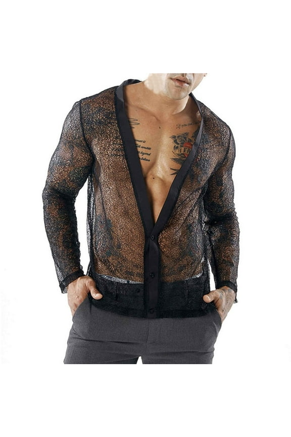 CENL Mens Long Sleeve See Through Mesh Sheer T Shirts Hippy Party Clubwear Tee Tops