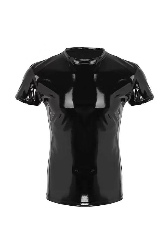 CENL Mens PVC Clubwear Short Sleeve Wet Look Shiny T-Shirt Top Costume