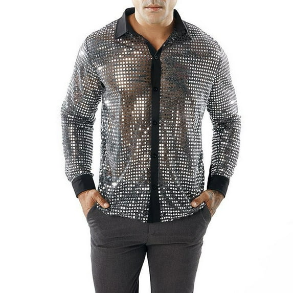 CENL Mens Sparkly Sequins Party Dance Shirts Retro 70s Disco Nightclub Shirt Tops