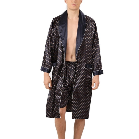 CENL Mens Summer Emulation Silk Bathrobe Long Sleeve Lightweight Baggy Nightgown