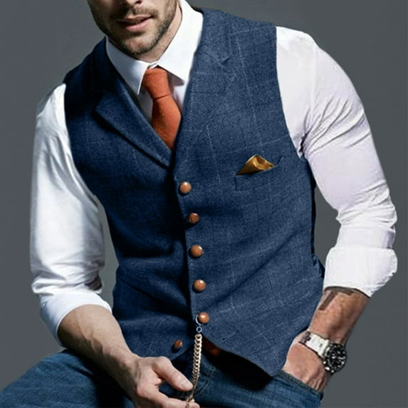 CENL Plaid Mens Waistcoat Lapel Vintage Vest Slim Business Formal Suit Vest