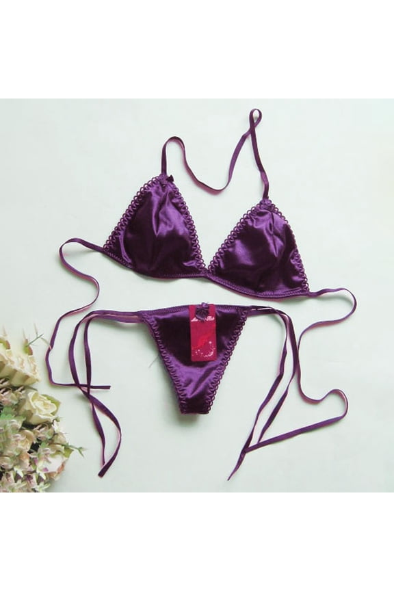 CENL Sexy Womens Satin Silk Thong Underwear Bra Panties T-back Lace Up Lingerie