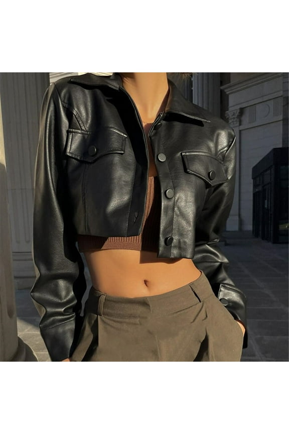 CENL Women Biker Jacket Slim Ladies Faux PU Leather Cool Buttons Coat Crop Jacket