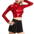thumbnail image 1 of CENL Women Faux Leather Shiny Wetlook Mock Neck Long Sleeve Crop Top Dance Clubwear, 1 of 9