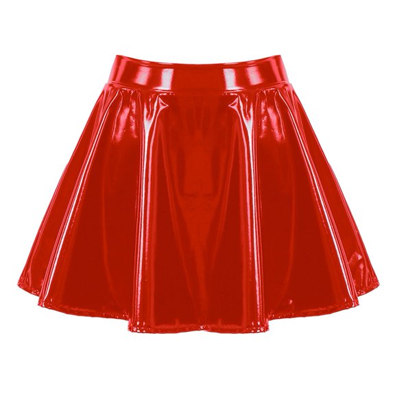 CENL Women Glossy Patent Leather Flared Miniskirt Dance A-Line Skirt Clubwear Cosplay