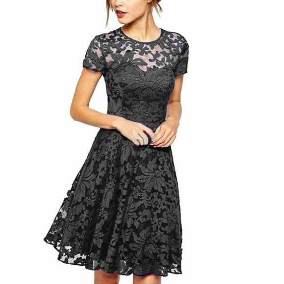 CENL Women Lace Elegant Short Dress Plus Size Crew Neck Evening Party Cocktail M-5XL
