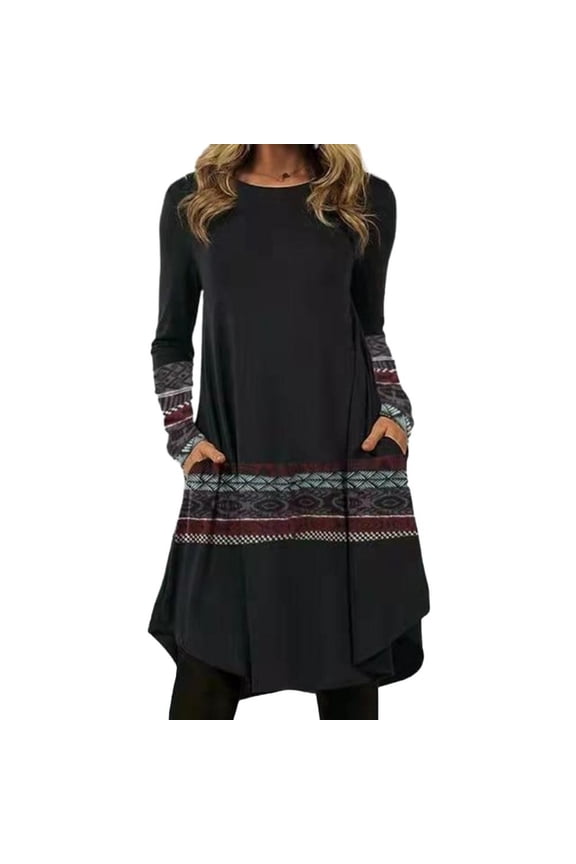 CENL Women Print Bohemian Dress Vintage LongSleeve Casual Loose Lady Spring Clothing