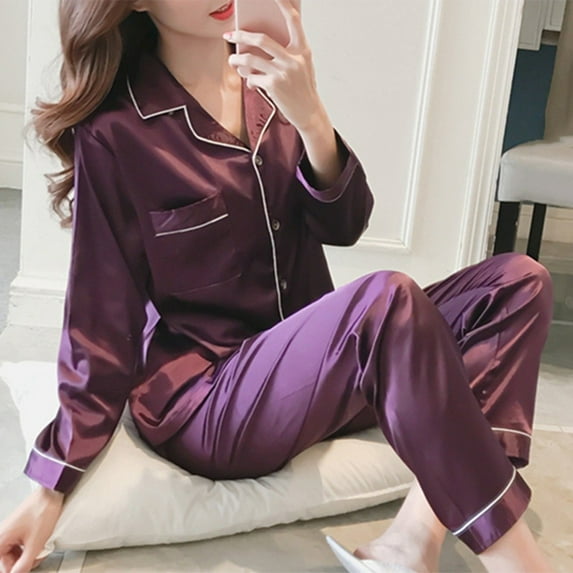 CENL Women Satin Long Sleeve Pajama Set Lapel Top and Pants Solid Pajamas Loungewear