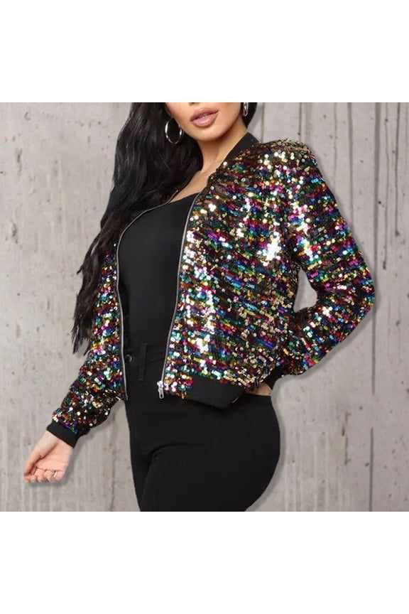 CENL Women Sequin Baseball Jacket Zip Coat Stage Show Dance Outwear Long Sleeve