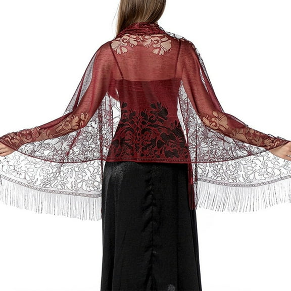 CENL Women Wedding Wrap Shawl Hollow Out Tulle Lace Party Evening Long Shawls Scarf Tassels Ladies Sun Protection Tops