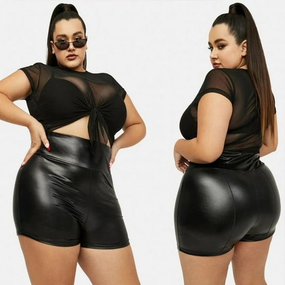 CENL Women faux leather three-point stretch sports yoga pant plus faux leather shorts