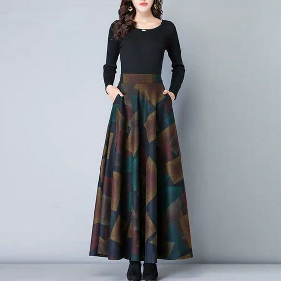 CENL Women's Autumn Winter Retro Printed High Waist Loose Skirt Large Swing Pleated