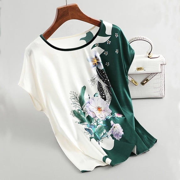 CENL Womens Blouse Ice Silk Round Neck Loose Flower Print Short Sleeve Top Plus Size