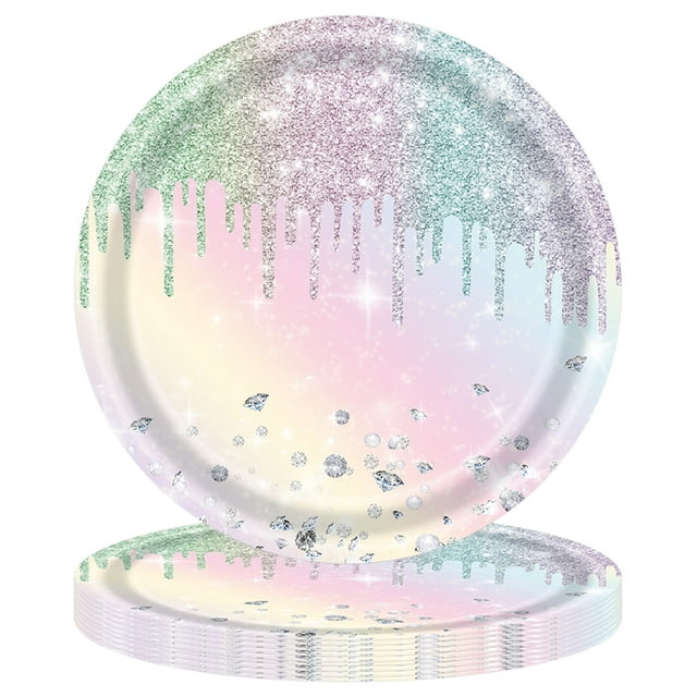 CENLBJ Diamond Glitter Paper OIF8 Plates,7Inch Dessert Paper Plates,Iridescent Disposable Plates ...