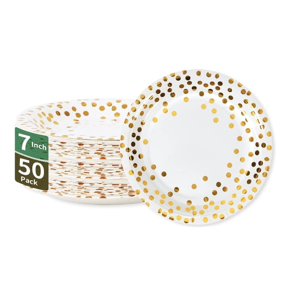 CENLBJ Gold Dots Party Paper Plates, AFN150 PCS Disposable Party Supplies Dessert Paper Plates for Birthday,Wedding Birdal Christmas Baby Shower (7 inches)