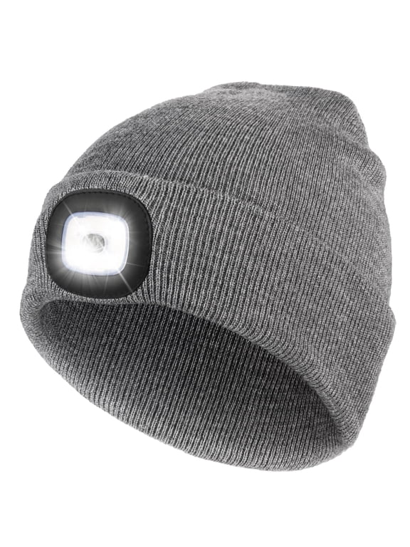 Beanie with a Light, Ideal Christmas Stuffers Gifts for Men, USB Lighted Knitted Cap Gray