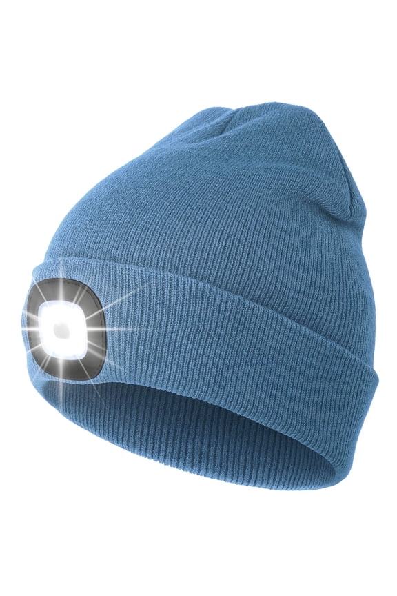 Beanie with a Light, Ideal Christmas Stuffers Gifts for Men, USB Lighted Knitted Cap Light Blue