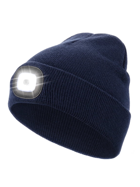 Beanie with a Light, Ideal Christmas Stuffers Gifts for Men, USB Lighted Knitted Cap Navy Blue
