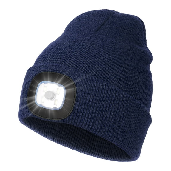 CENSGO Beanie with a Light for Kids, Hands Free LED Headlamp Cap USB Rechargeable Winter Knitted Lighted Hat Navy Blue