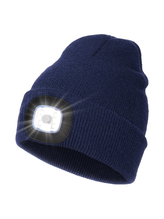 Beanie with a Light for Kids, Hands Free LED Headlamp Cap USB Rechargeable Winter Knitted Lighted Hat Navy Blue