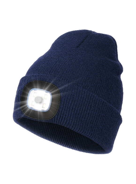 CENSGO Beanie with Light for Kids, Hands Free LED Headlamp Cap USB Rechargeable Winter Knitted Lighted Hat Navy Blue