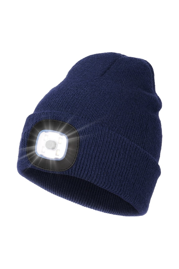 Beanie with a Light for Kids, Hands Free LED Headlamp Cap USB Rechargeable Winter Knitted Lighted Hat Navy Blue