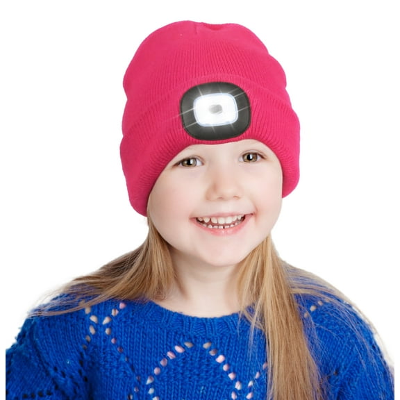 CENSGO Beanie with a Light for Kids, Hands Free LED Headlamp Cap USB Rechargeable Winter Knitted Lighted Hat Rose Red