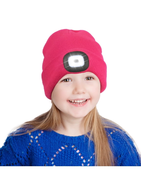 Beanie with a Light for Kids, Hands Free LED Headlamp Cap USB Rechargeable Winter Knitted Lighted Hat Rose Red