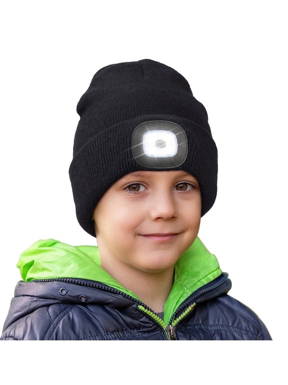 Beanie with a Light for Kids, Unisex LED Beanie USB Rechargeable Winter Knitted Lighted Hat Black