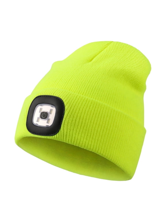 Beanie with a Light for Kids, Hands Free LED Headlamp Cap USB Rechargeable Winter Knitted Lighted Hat Fluorescent Yellow