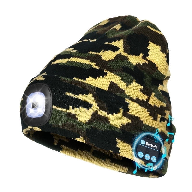 CENSGO Bluetooth Beanie with the Light, Unique Tech Gifts for Men Husband Him Teen, Wireless Headphones for Fishing Jogging Working, Christmas Stocking Camouflage Green