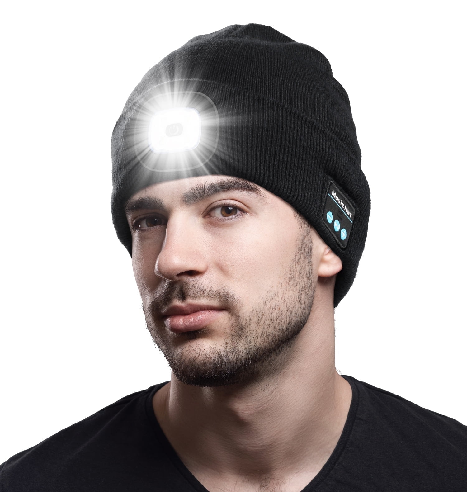 Bluetooth Beanie with the Light, Unique Tech Gifts for Men, Wireless Headphones for Fishing Jogging Working, Christmas Stocking Black
