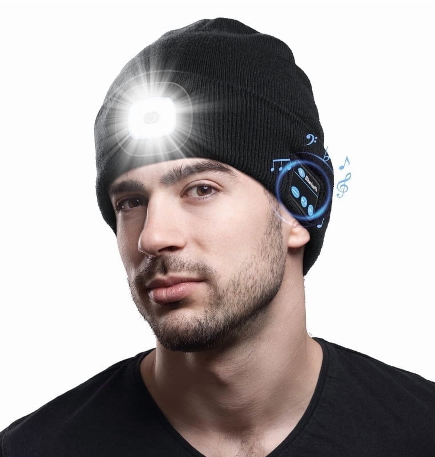 CENSGO Bluetooth Beanie with the Light, Unique Tech Gifts for Men, Wireless Headphones for Fishing Jogging Working, Christmas Stocking Black