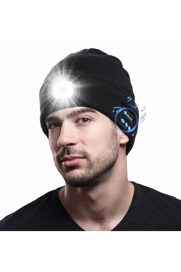 Bluetooth Beanie with the Light, Unique Tech Gifts for Men, Wireless Headphones for Fishing Jogging Working, Christmas Stocking Black