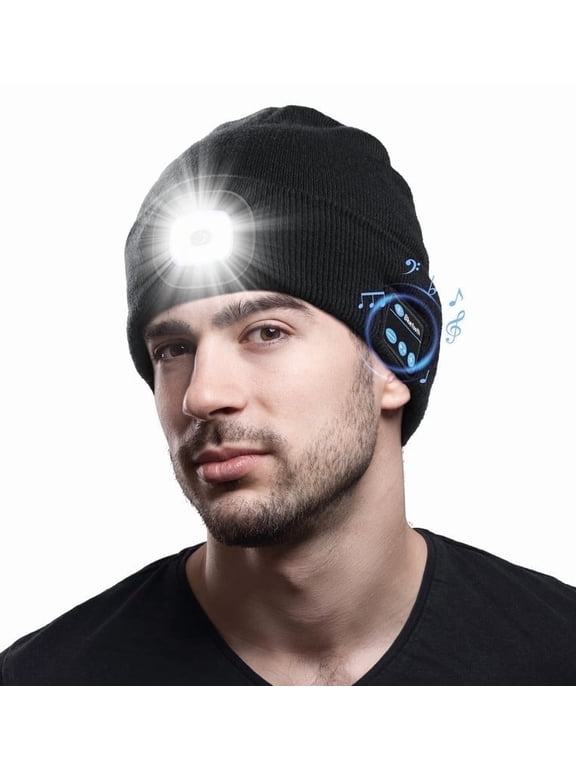 Bluetooth Beanie with the Light, Unique Tech Gifts for Men, Wireless Headphones for Fishing Jogging Working, Christmas Stocking Black
