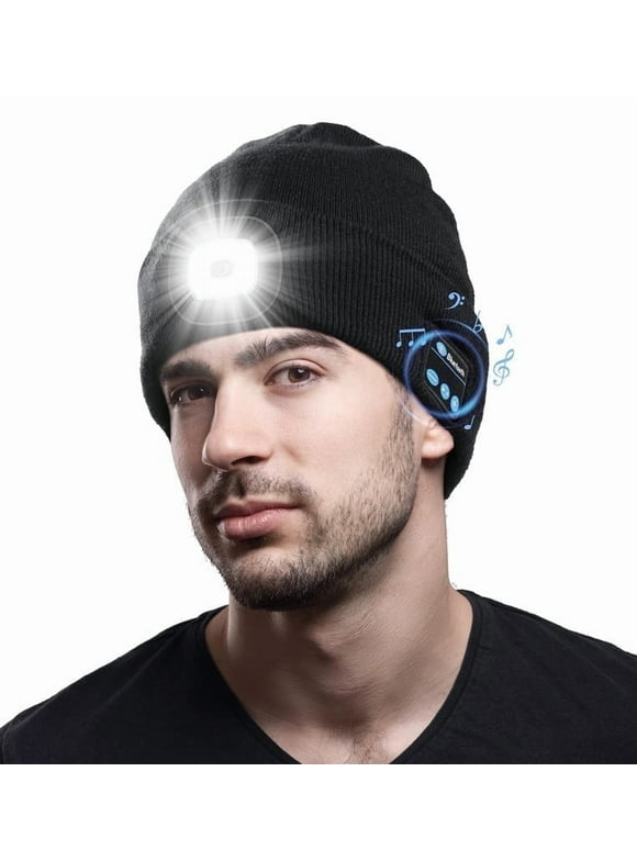 Bluetooth Beanie with the Light, Unique Tech Gifts for Men, Wireless Headphones for Fishing Jogging Working, Christmas Stocking Black