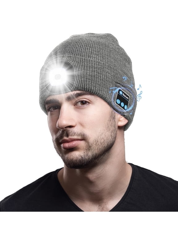 Bluetooth Beanie with the Light, Unique Tech Gifts for Men, Wireless Headphones for Fishing Jogging Working, Christmas Stocking Gray
