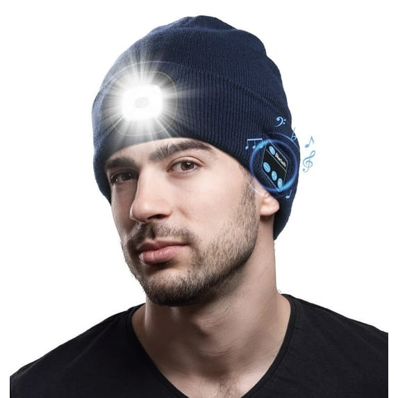 CENSGO Bluetooth Beanie with the Light, Unique Tech Gifts for Men, Wireless Headphones for Fishing Jogging Working, Christmas Stocking Navy Blue