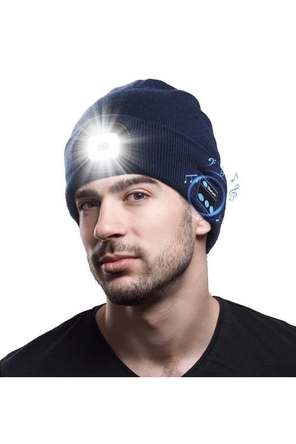 Bluetooth Beanie with the Light, Unique Tech Gifts for Men, Wireless Headphones for Fishing Jogging Working, Christmas Stocking Navy Blue