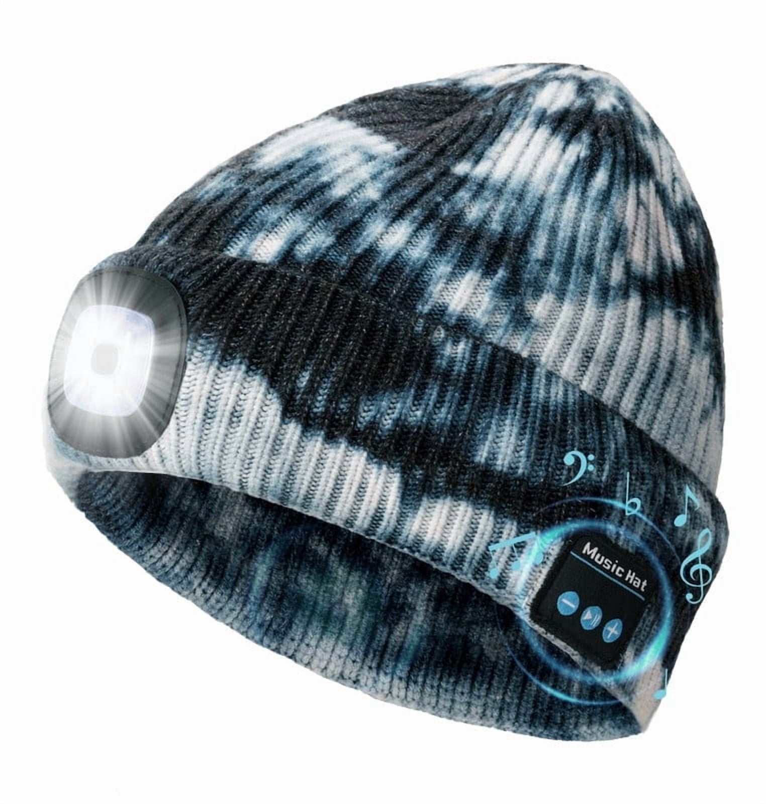 CENSGO Bluetooth Beanie with the Light, Unique Tech Gifts for Men, Wireless Headphones for Fishing Jogging Working, Christmas Stocking Black Tie Dye