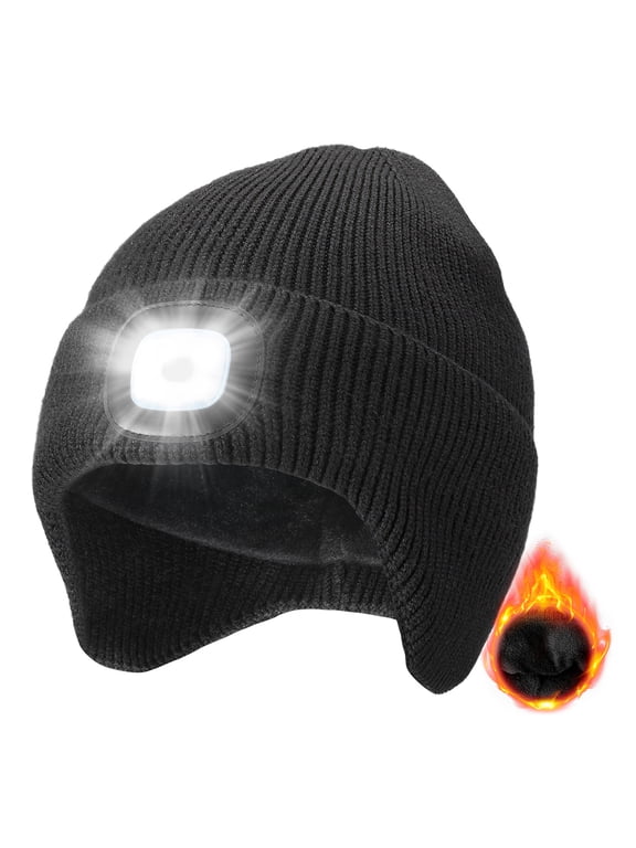 Fleece Lined Beanie with a Light Built in, Warm Lighted Stocking Hat with Ear flaps, Rechargeable Hand-Free Headlamp Beanie, Gifts for Men Women (Black)