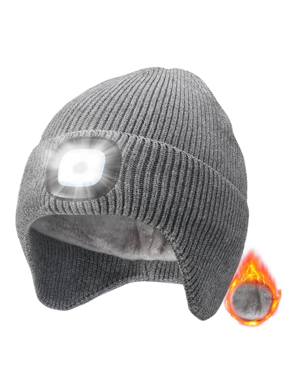 Fleece Lined Beanie with a Light Built in, Warm Lighted Stocking Hat with Ear flaps, Rechargeable Hand-Free Headlamp Beanie, Gifts for Men Women (Gray)