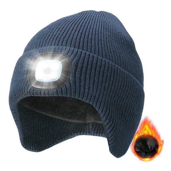 CENSGO Fleece Lined Beanie with a Light Built in, Warm Lighted Stocking Hat with Ear flaps, Rechargeable Hand-Free Headlamp Beanie, Gifts for Men Women (Navy Blue)