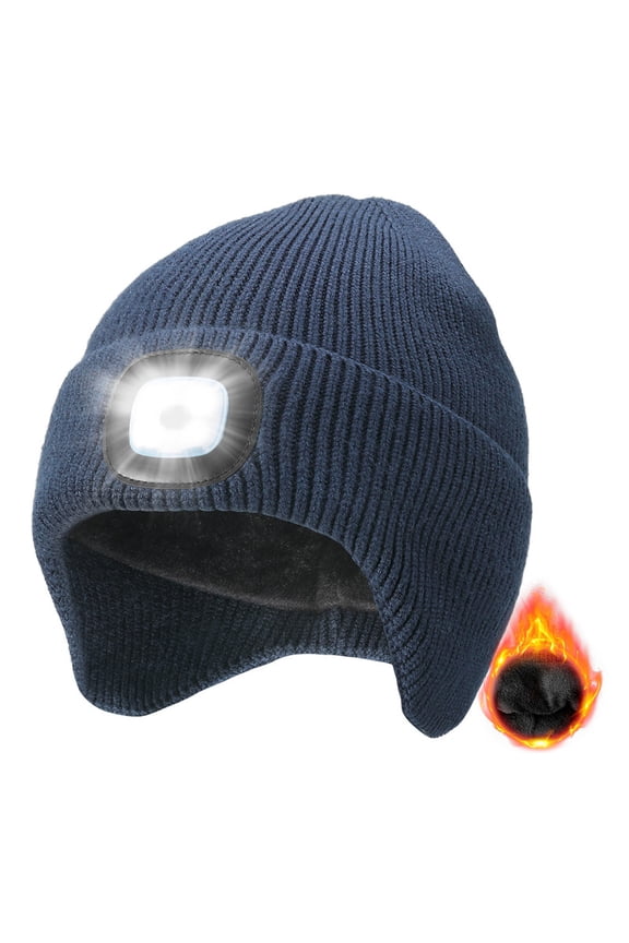 Fleece Lined Beanie with a Light Built in, Warm Lighted Stocking Hat with Ear flaps, Rechargeable Hand-Free Headlamp Beanie, Gifts for Men Women (Navy Blue)