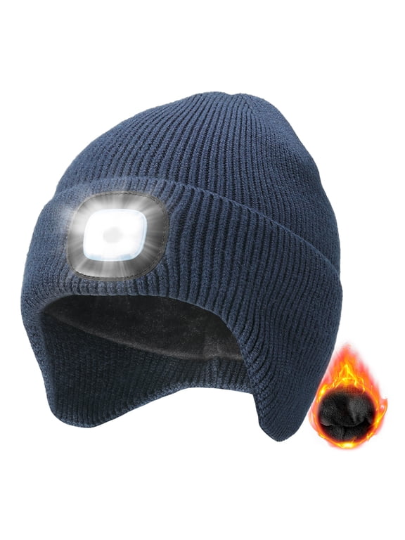 Fleece Lined Beanie with a Light Built in, Warm Lighted Stocking Hat with Ear flaps, Rechargeable Hand-Free Headlamp Beanie, Gifts for Men Women (Navy Blue)