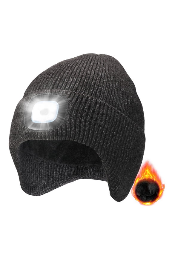 Fleece Lined Beanie with a Light Built in, Warm Lighted Stocking Hat with Ear flaps, Rechargeable Hand-Free Headlamp Beanie, Gifts for Men Women (Slategrey)