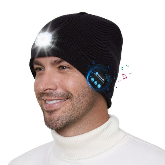 CENSGO Fleece Lined Bluetooth Beanie with a Light, Musical Stocking Cap with Headphones and Speaker Mic, LED Bluetooth Beanie Cool Gadgets for Men (Black)