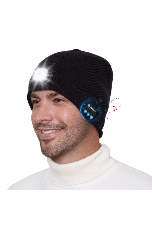 Fleece Lined Bluetooth Beanie with a Light, Musical Stocking Cap with Headphones and Speaker Mic, LED Bluetooth Beanie Cool Gadgets for Men (Black)