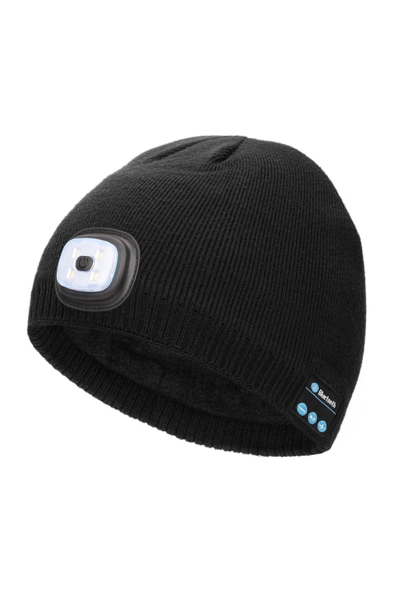 Fleece Lined Bluetooth Beanie with a Light, Musical Stocking Cap with Headphones and Speaker Mic, LED Bluetooth Beanie Cool Gadgets for Men (Black)
